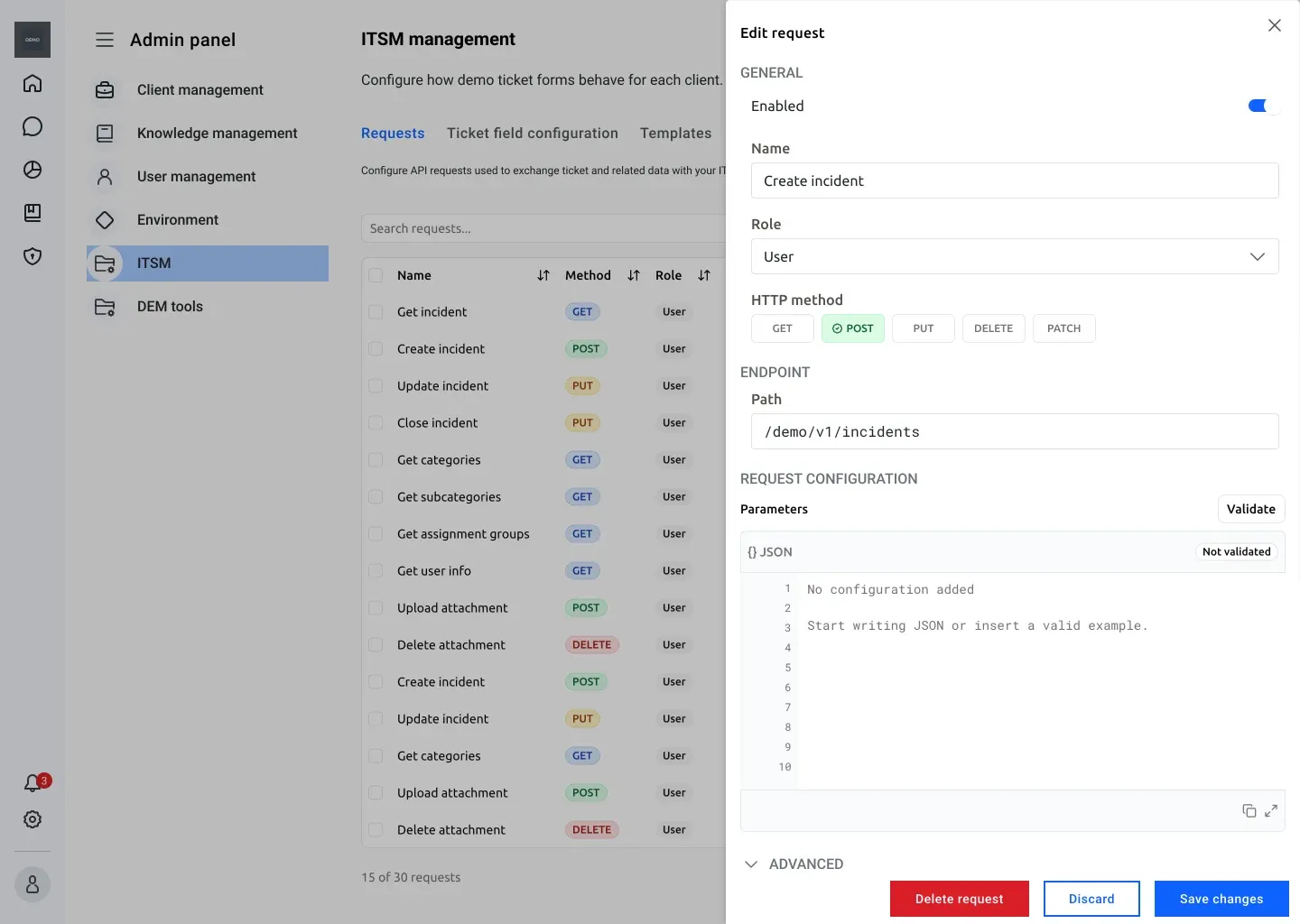 The high-fidelity Edit request panel with clearer field groups, explicit HTTP method controls, and a side-panel editing pattern.