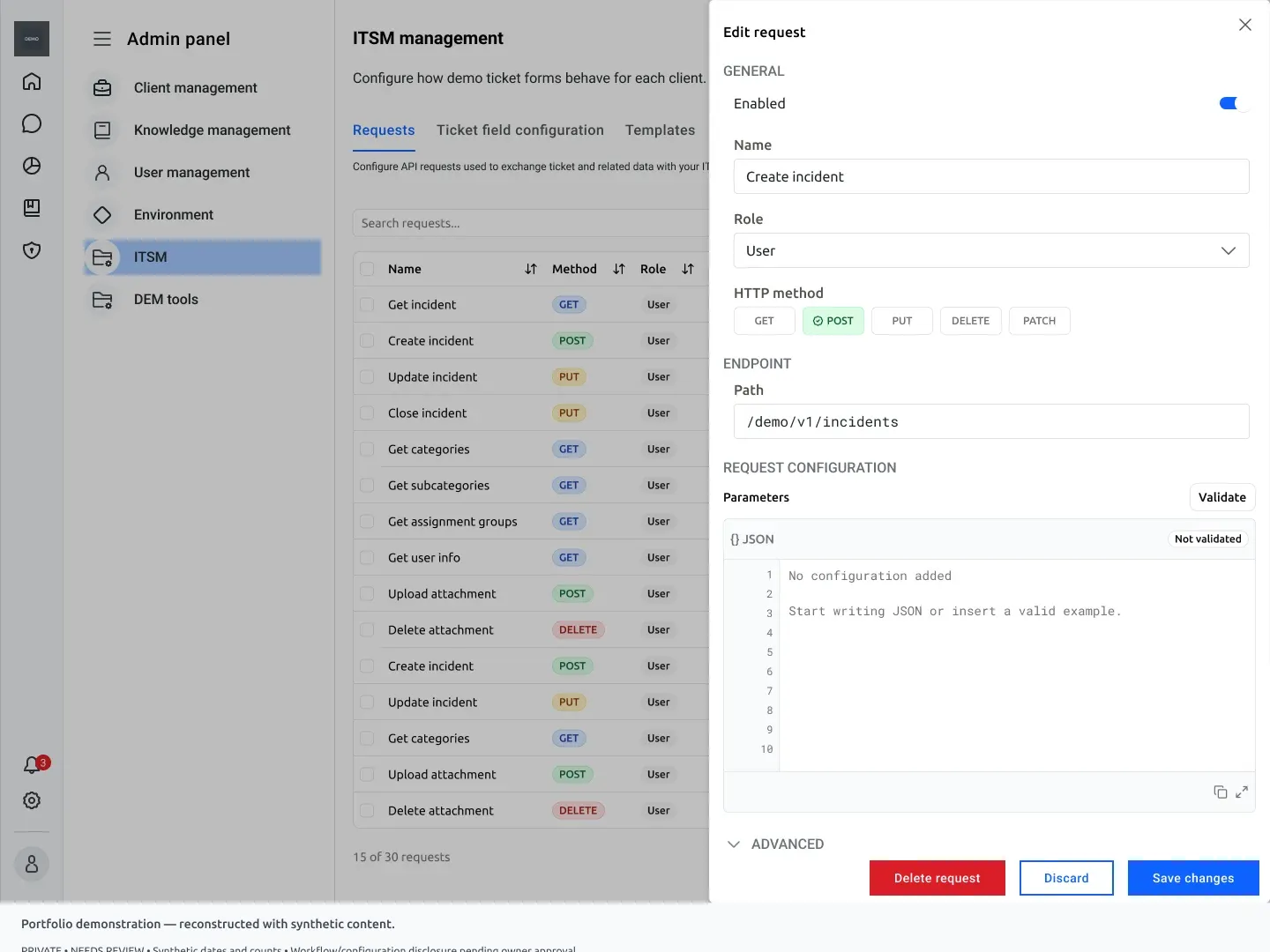 A low-fidelity Edit request panel with basic grouping and a JSON configuration area.
