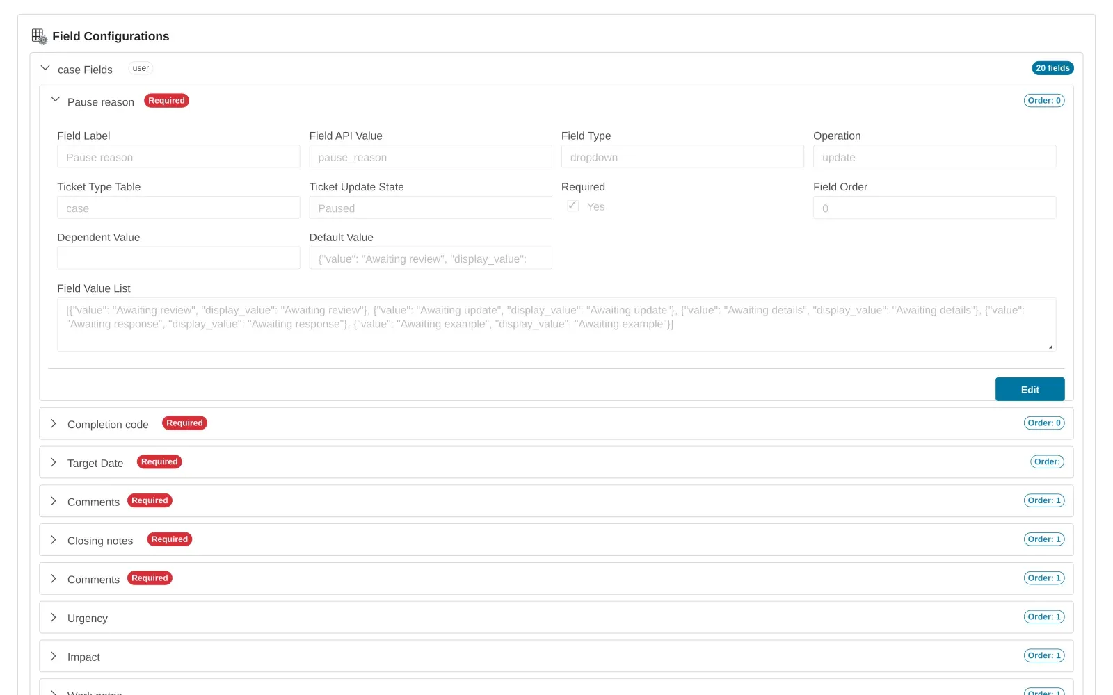 The legacy field configuration with a numeric Field Order input.