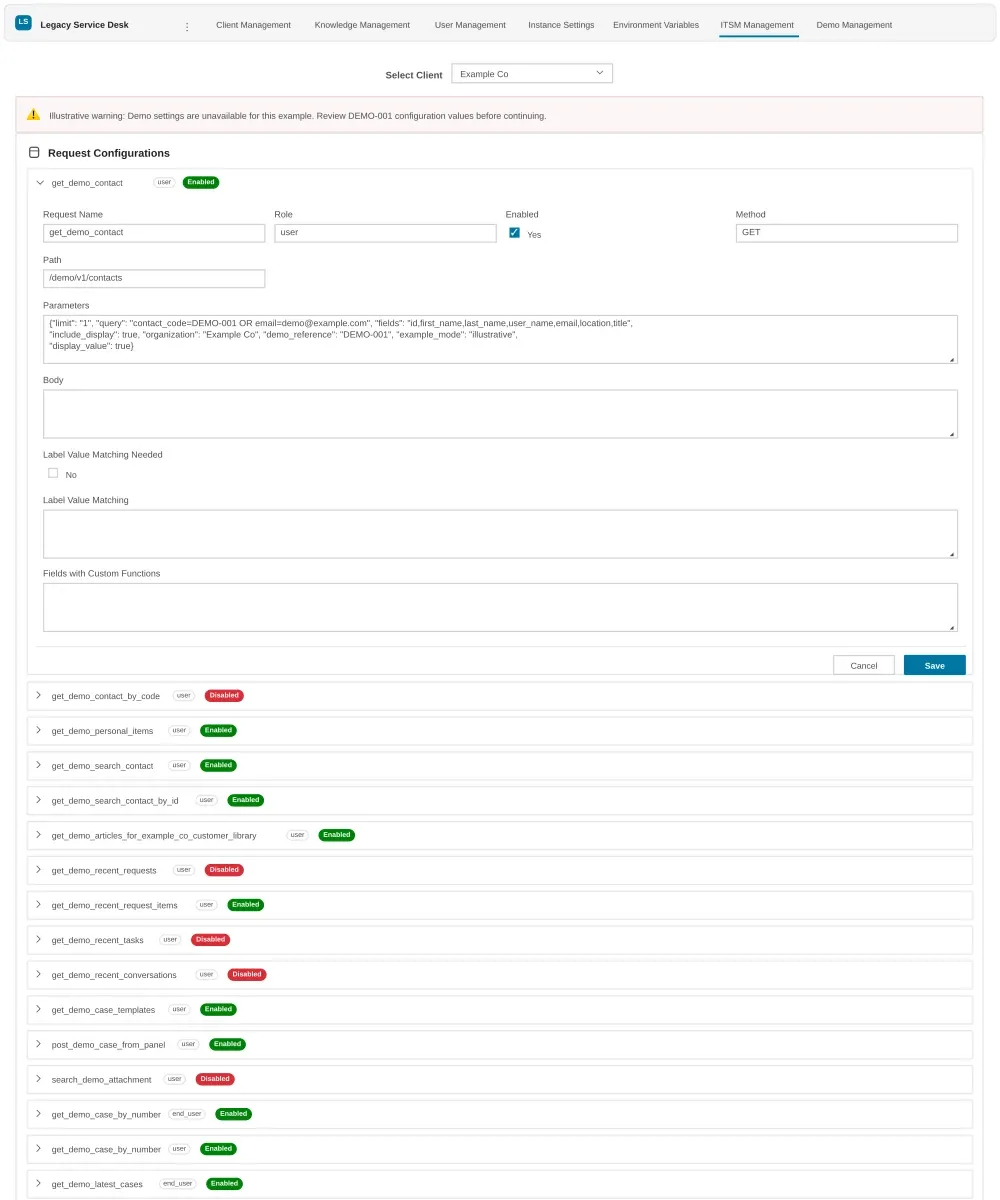 The legacy Request Configurations screen: a long list of expandable request records.