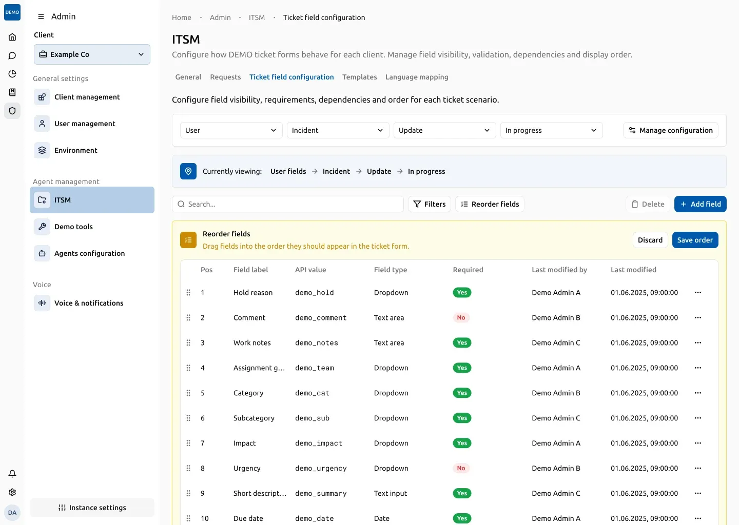 The high-fidelity reorder mode with drag handles, field metadata, and save/discard actions.
