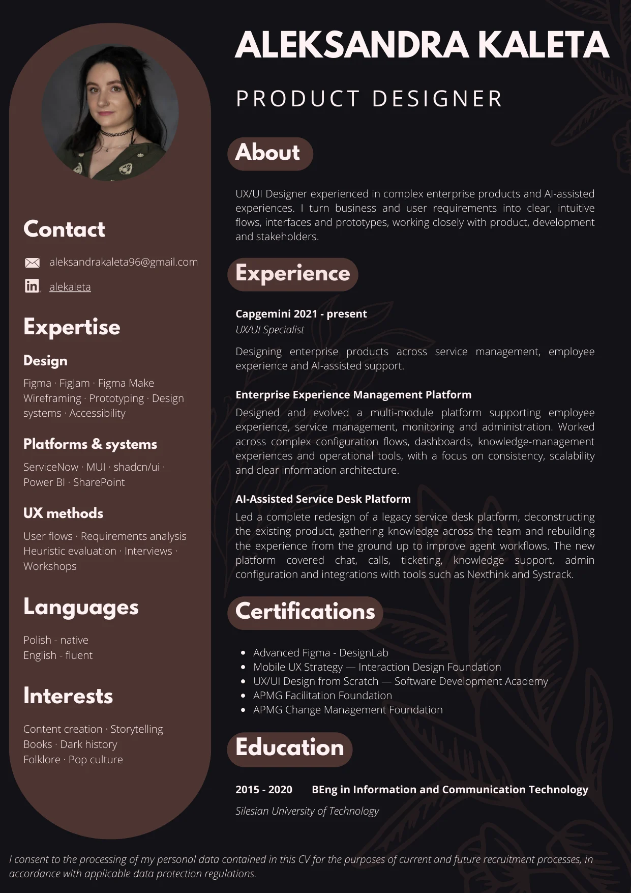Preview of Aleksandra Kaleta's one-page designed resume